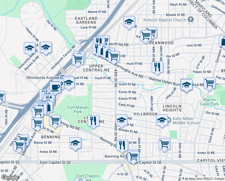 map of restaurants, bars, coffee shops, grocery stores, and more near 4274 Foote Street Northeast in Washington