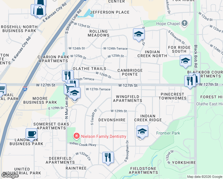 map of restaurants, bars, coffee shops, grocery stores, and more near 16101 West 127th Terrace in Olathe