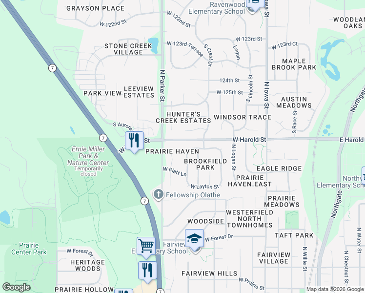 map of restaurants, bars, coffee shops, grocery stores, and more near 980 West Elizabeth Street in Olathe