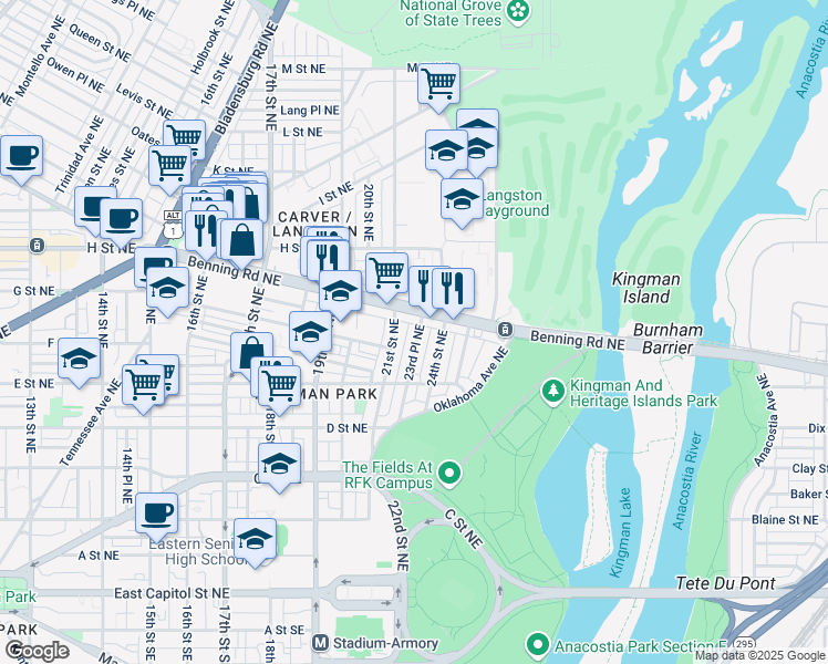 map of restaurants, bars, coffee shops, grocery stores, and more near 101 Independence Avenue Southeast in Washington