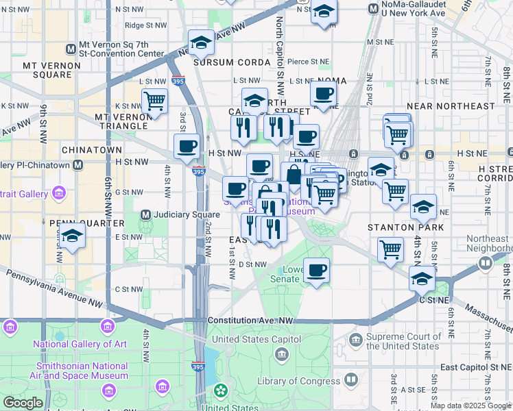 map of restaurants, bars, coffee shops, grocery stores, and more near 101 Independence Avenue Southeast in Washington