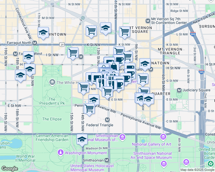 map of restaurants, bars, coffee shops, grocery stores, and more near 1201 F Street Northwest in Washington