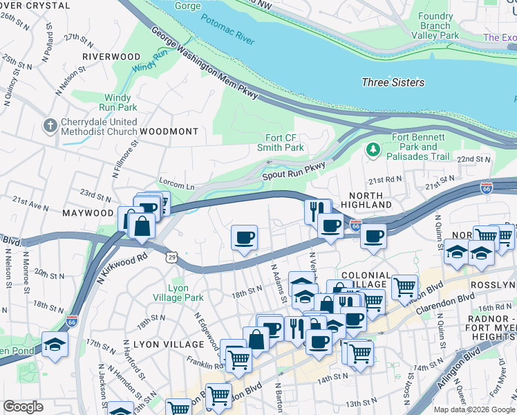 map of restaurants, bars, coffee shops, grocery stores, and more near 2030 North Adams Street in Arlington