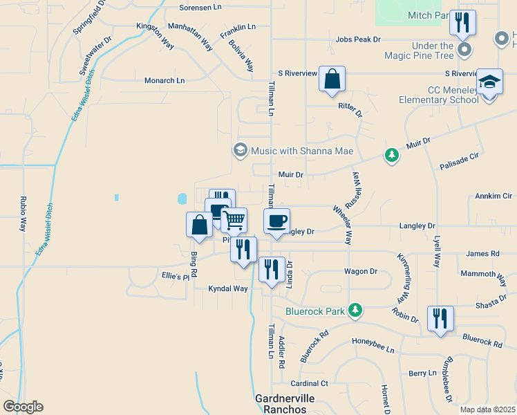 map of restaurants, bars, coffee shops, grocery stores, and more near 814 Pollen Circle in Gardnerville