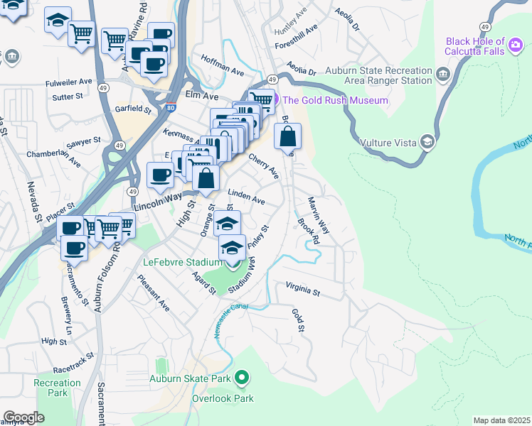 map of restaurants, bars, coffee shops, grocery stores, and more near 436 Linden Avenue in Auburn