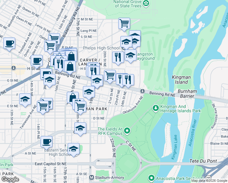 map of restaurants, bars, coffee shops, grocery stores, and more near 101 Independence Avenue Southeast in Washington