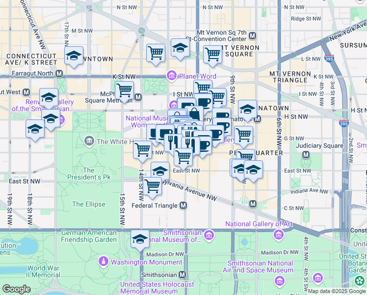map of restaurants, bars, coffee shops, grocery stores, and more near 101 Independence Avenue Southeast in Washington
