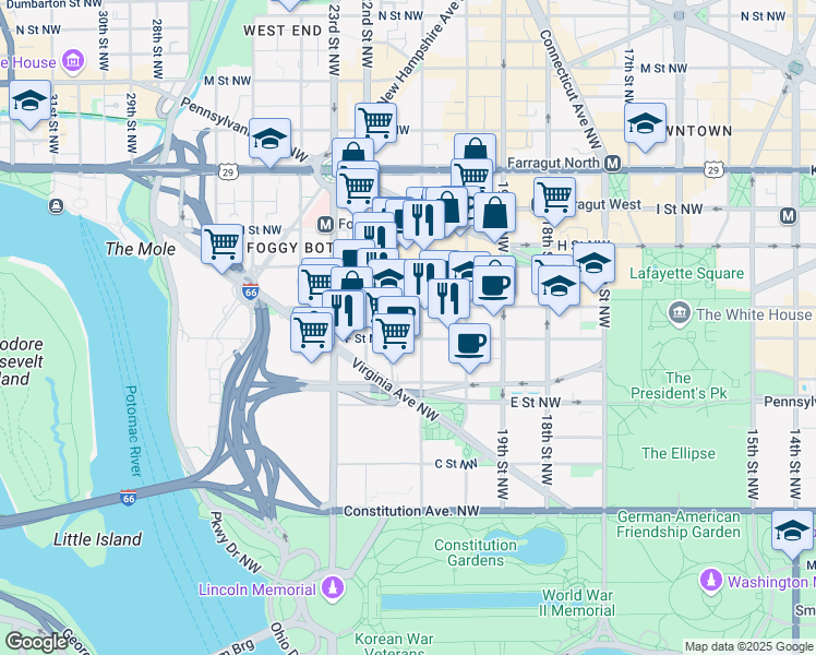 map of restaurants, bars, coffee shops, grocery stores, and more near 101 Independence Avenue Southeast in Washington
