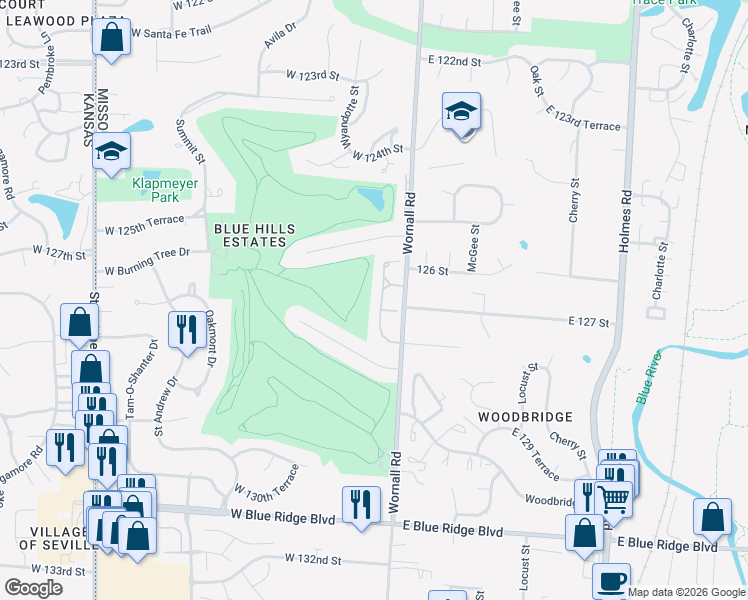 map of restaurants, bars, coffee shops, grocery stores, and more near 12626 Baltimore Court in Kansas City