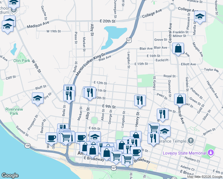 map of restaurants, bars, coffee shops, grocery stores, and more near 1108 George Street in Alton