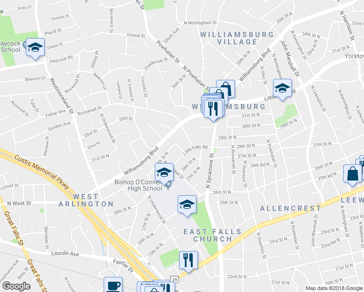 map of restaurants, bars, coffee shops, grocery stores, and more near 2833 North Tacoma Street in Arlington