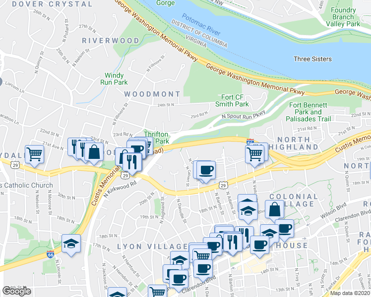 map of restaurants, bars, coffee shops, grocery stores, and more near 2216 North Cleveland Street in Arlington