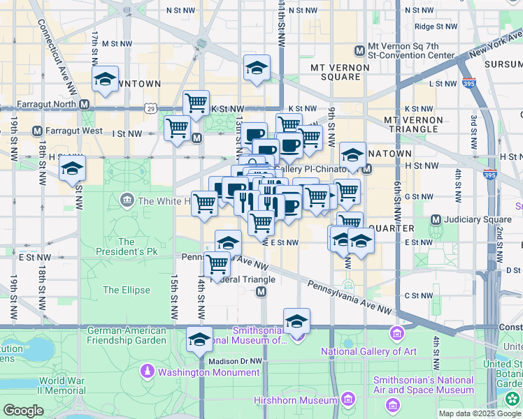 map of restaurants, bars, coffee shops, grocery stores, and more near 1201 F Street Northwest in Washington