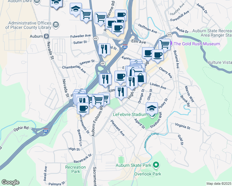 map of restaurants, bars, coffee shops, grocery stores, and more near 1161 Golden Chain Highway in Auburn