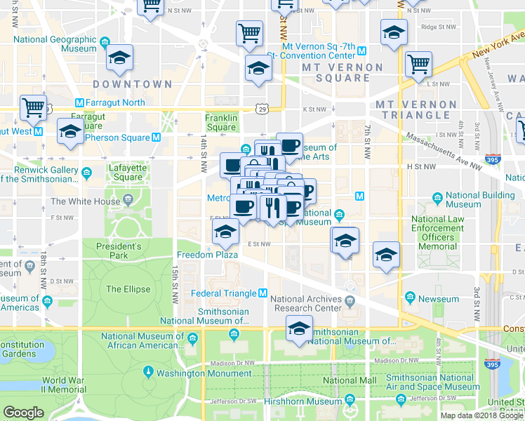 map of restaurants, bars, coffee shops, grocery stores, and more near 1201 F Street Northwest in Washington