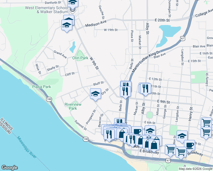 map of restaurants, bars, coffee shops, grocery stores, and more near 1023 West 9th Street in Alton