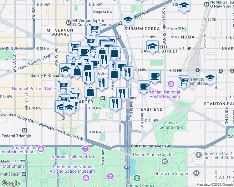 map of restaurants, bars, coffee shops, grocery stores, and more near 601 4th Street Northwest in Washington