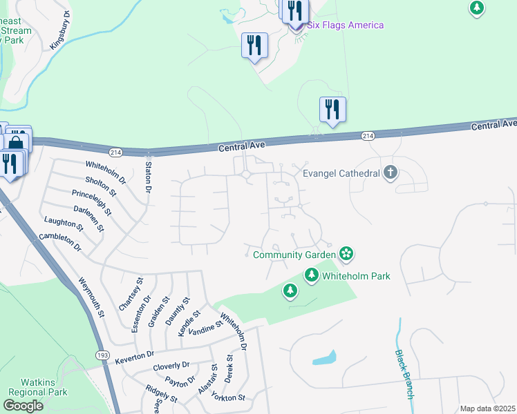 map of restaurants, bars, coffee shops, grocery stores, and more near 14000 New Acadia Lane in Upper Marlboro