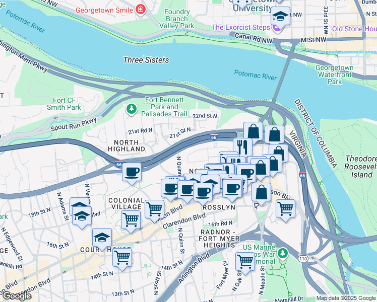 map of restaurants, bars, coffee shops, grocery stores, and more near 1633 North Colonial Terrace in Arlington