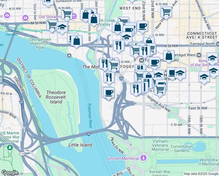 map of restaurants, bars, coffee shops, grocery stores, and more near 101 Independence Avenue Southeast in Washington