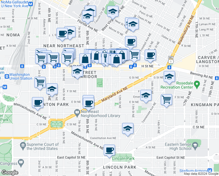 map of restaurants, bars, coffee shops, grocery stores, and more near 614 11th Street Northeast in Washington