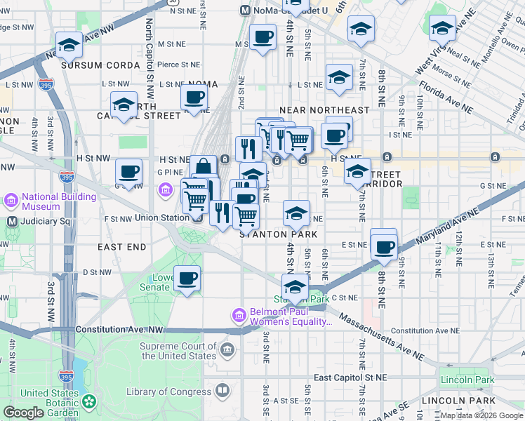 map of restaurants, bars, coffee shops, grocery stores, and more near 101 Independence Avenue Southeast in Washington