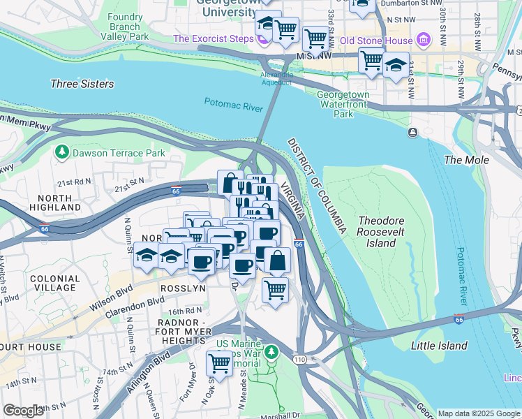map of restaurants, bars, coffee shops, grocery stores, and more near 1919 North Lynn Street in Arlington