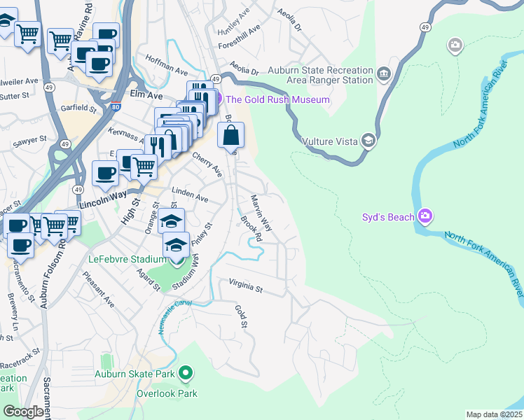 map of restaurants, bars, coffee shops, grocery stores, and more near 130 Marvin Way in Auburn