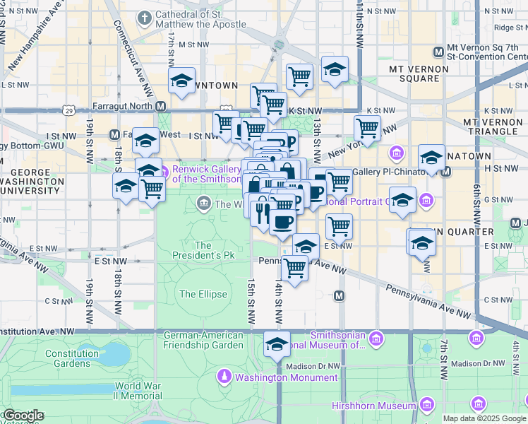 map of restaurants, bars, coffee shops, grocery stores, and more near 1440 G Street Northwest in Washington