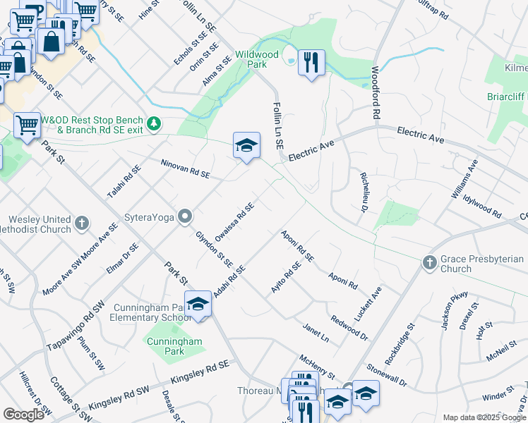 map of restaurants, bars, coffee shops, grocery stores, and more near 904 Lauren Lane Southeast in Vienna
