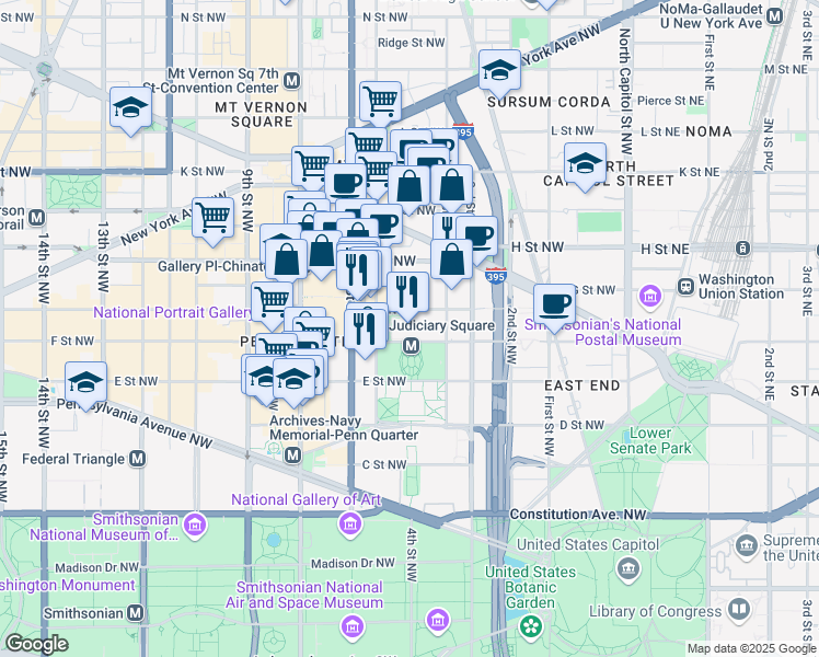 map of restaurants, bars, coffee shops, grocery stores, and more near 401f Street Northwest in Washington
