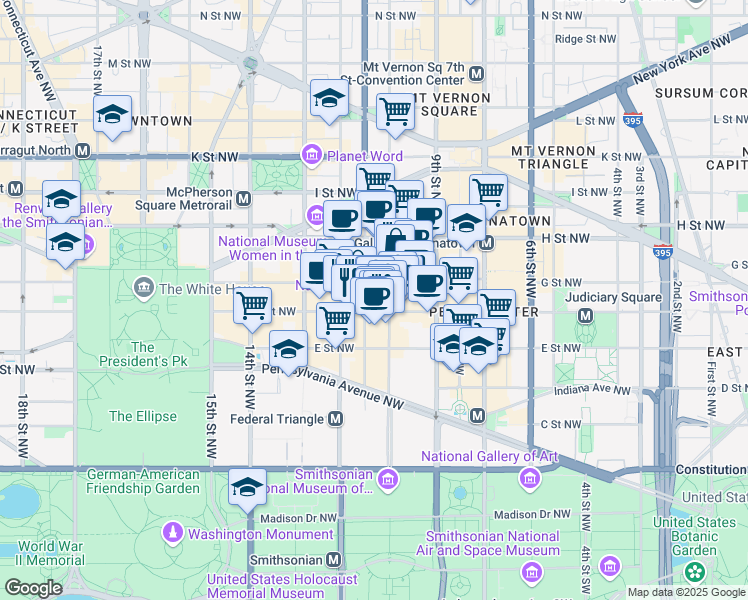 map of restaurants, bars, coffee shops, grocery stores, and more near 1025 F Street Northwest in Washington