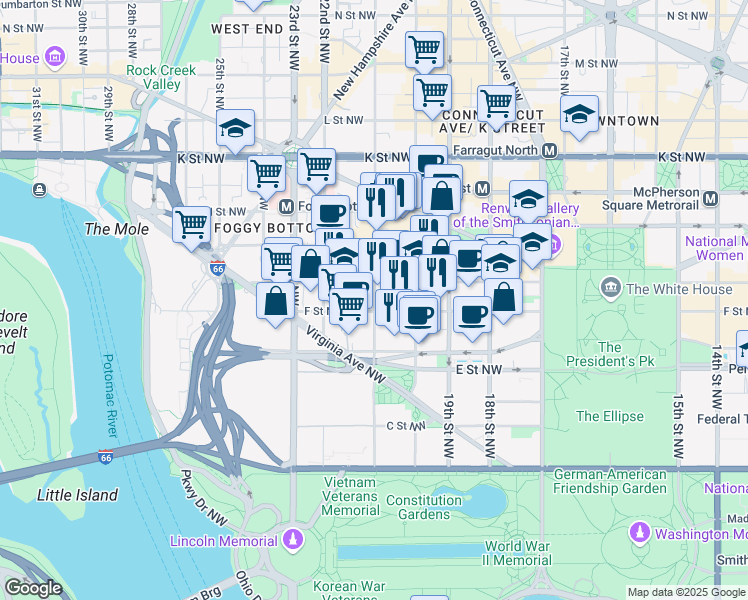 map of restaurants, bars, coffee shops, grocery stores, and more near 620 21st Street Northwest in Washington
