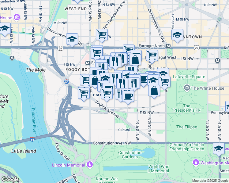 map of restaurants, bars, coffee shops, grocery stores, and more near 620 21st Street Northwest in Washington