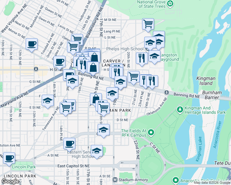 map of restaurants, bars, coffee shops, grocery stores, and more near 101 Independence Avenue Southeast in Washington