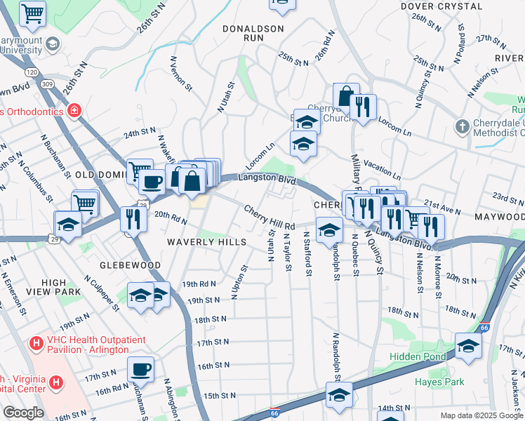 map of restaurants, bars, coffee shops, grocery stores, and more near 4343 Cherry Hill Road in Arlington