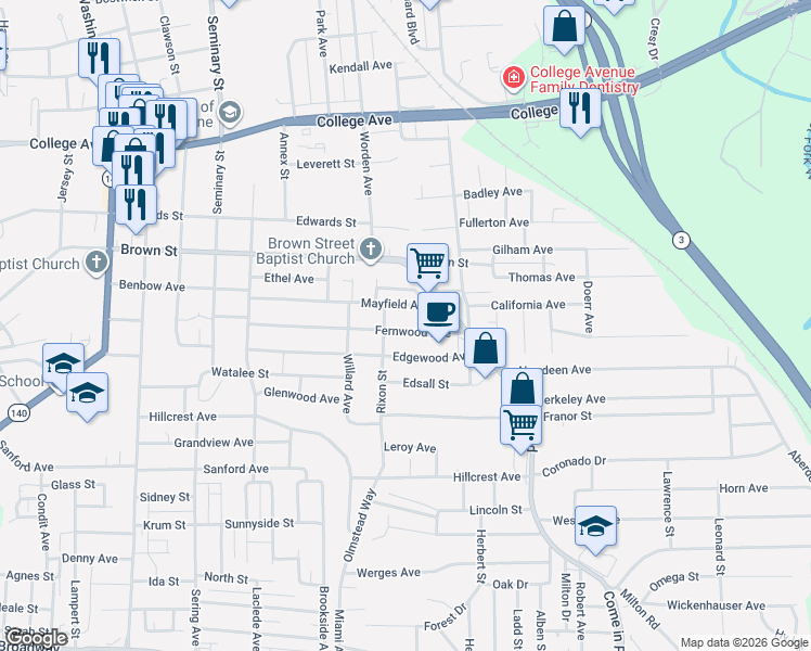map of restaurants, bars, coffee shops, grocery stores, and more near 3308 Fernwood Avenue in Alton