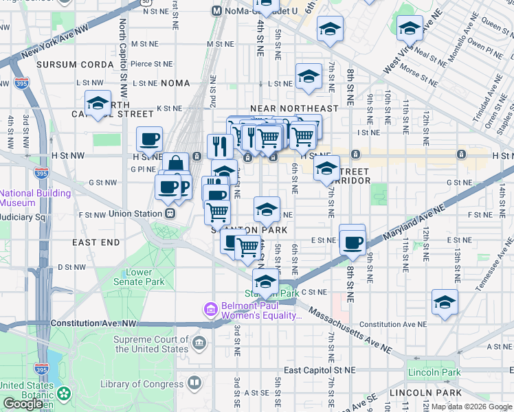 map of restaurants, bars, coffee shops, grocery stores, and more near 101 Independence Avenue Southeast in Washington
