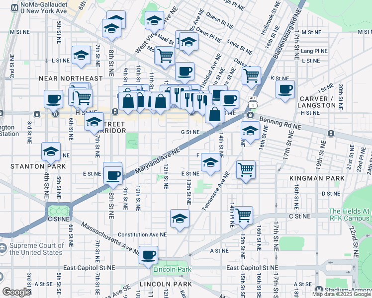 map of restaurants, bars, coffee shops, grocery stores, and more near 1247 Maryland Avenue Northeast in Washington