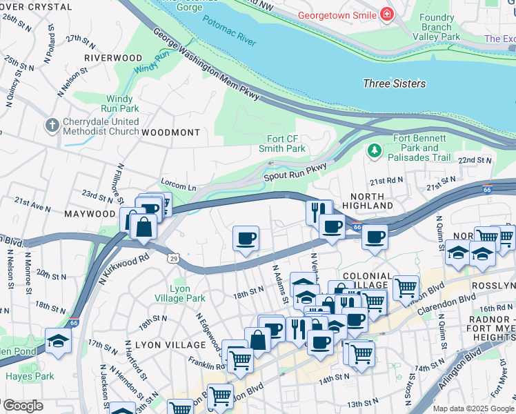map of restaurants, bars, coffee shops, grocery stores, and more near 2030 North Adams Street in Arlington