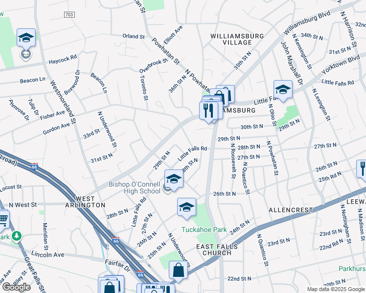 map of restaurants, bars, coffee shops, grocery stores, and more near 2833 North Tacoma Street in Arlington