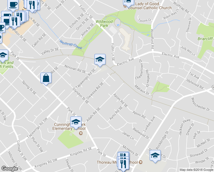 map of restaurants, bars, coffee shops, grocery stores, and more near 904 Lauren Lane Southeast in Vienna
