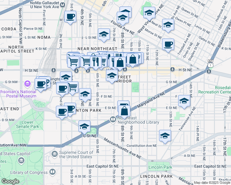 map of restaurants, bars, coffee shops, grocery stores, and more near 611 7th Street Northeast in Washington