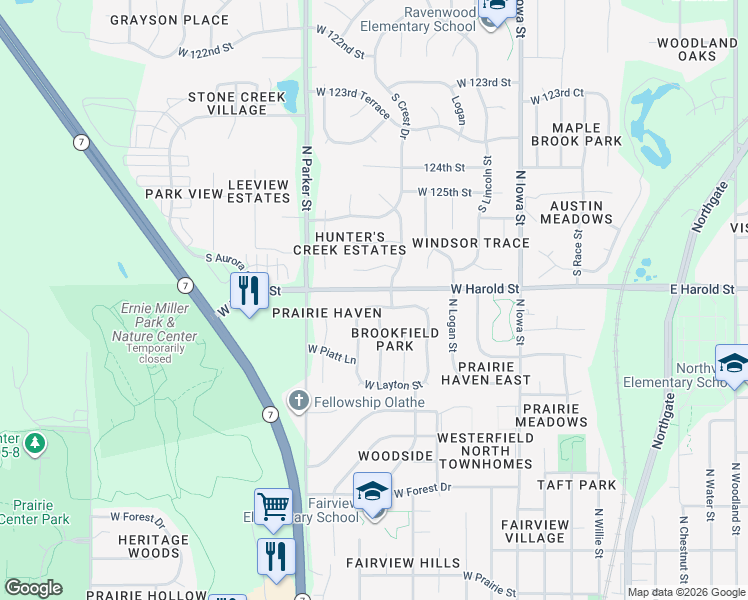 map of restaurants, bars, coffee shops, grocery stores, and more near 930 West Elizabeth Street in Olathe