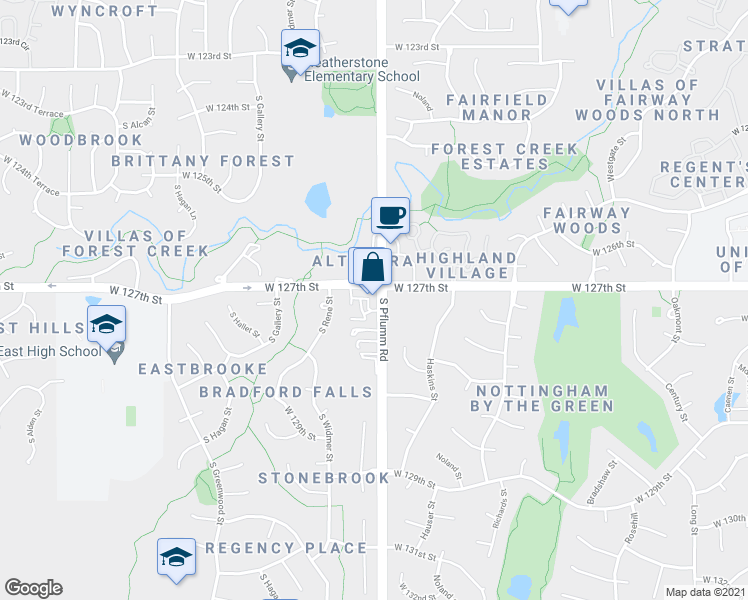 map of restaurants, bars, coffee shops, grocery stores, and more near 12710 South Pflumm Road in Olathe