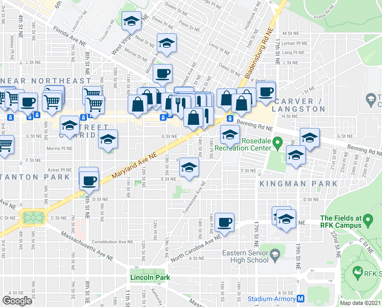 map of restaurants, bars, coffee shops, grocery stores, and more near 611 Elliott Street Northeast in Washington