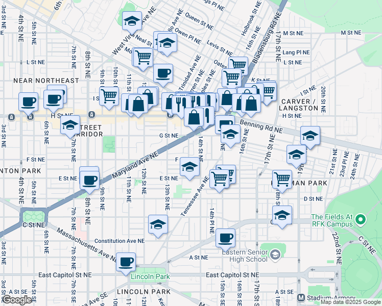 map of restaurants, bars, coffee shops, grocery stores, and more near 611 Elliott Street Northeast in Washington