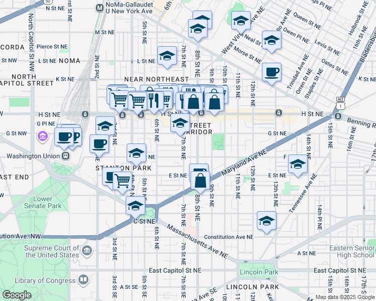 map of restaurants, bars, coffee shops, grocery stores, and more near 611 7th Street Northeast in Washington