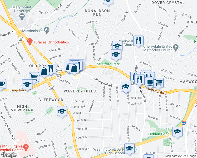 map of restaurants, bars, coffee shops, grocery stores, and more near 4353 Lee Highway in Arlington