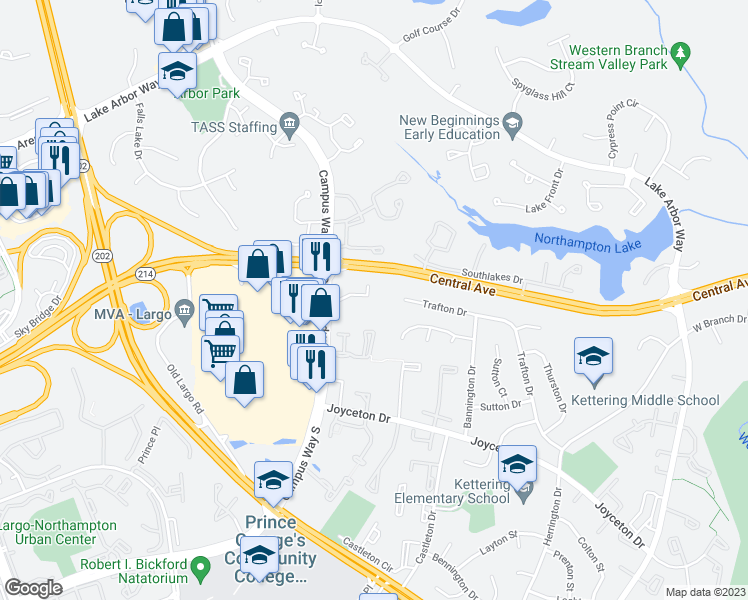 map of restaurants, bars, coffee shops, grocery stores, and more near 10725 Campus Way South in Upper Marlboro